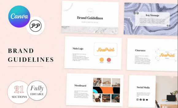 Editable brand guidelines template accessed through Canva