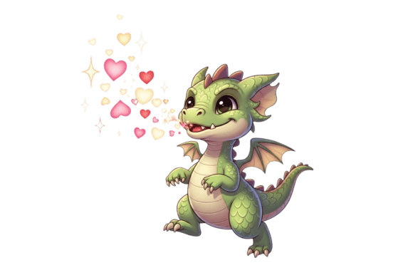 Playful Green Dragon Blowing Hearts