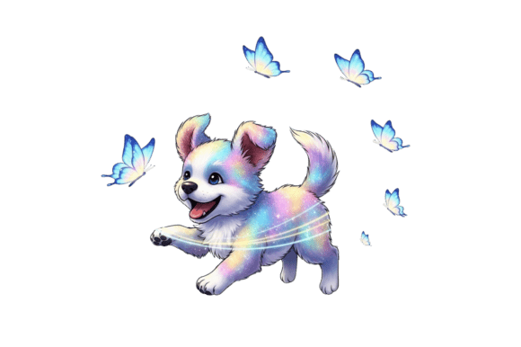 Playful Puppy Surrounded by Butterflies