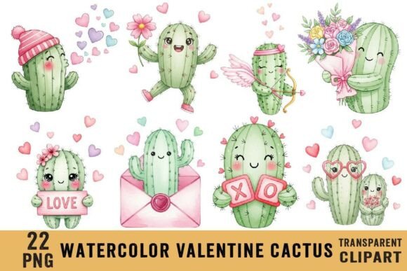 Preview of Watercolor Valentine Cactus PNG Bundle Valentine sublimation design