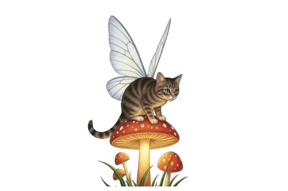 Whimsical Cat Fairy on Mushroom