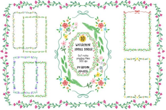 10 Watercolor Floral Doodle Borders 5x7