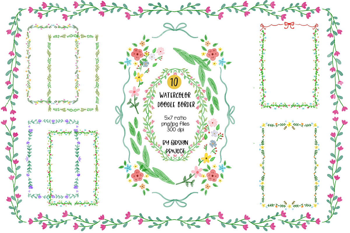 10 Watercolor Floral Doodle Borders 5x7
