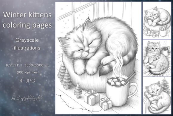 Cute Winter Cats Christmas Coloring Page