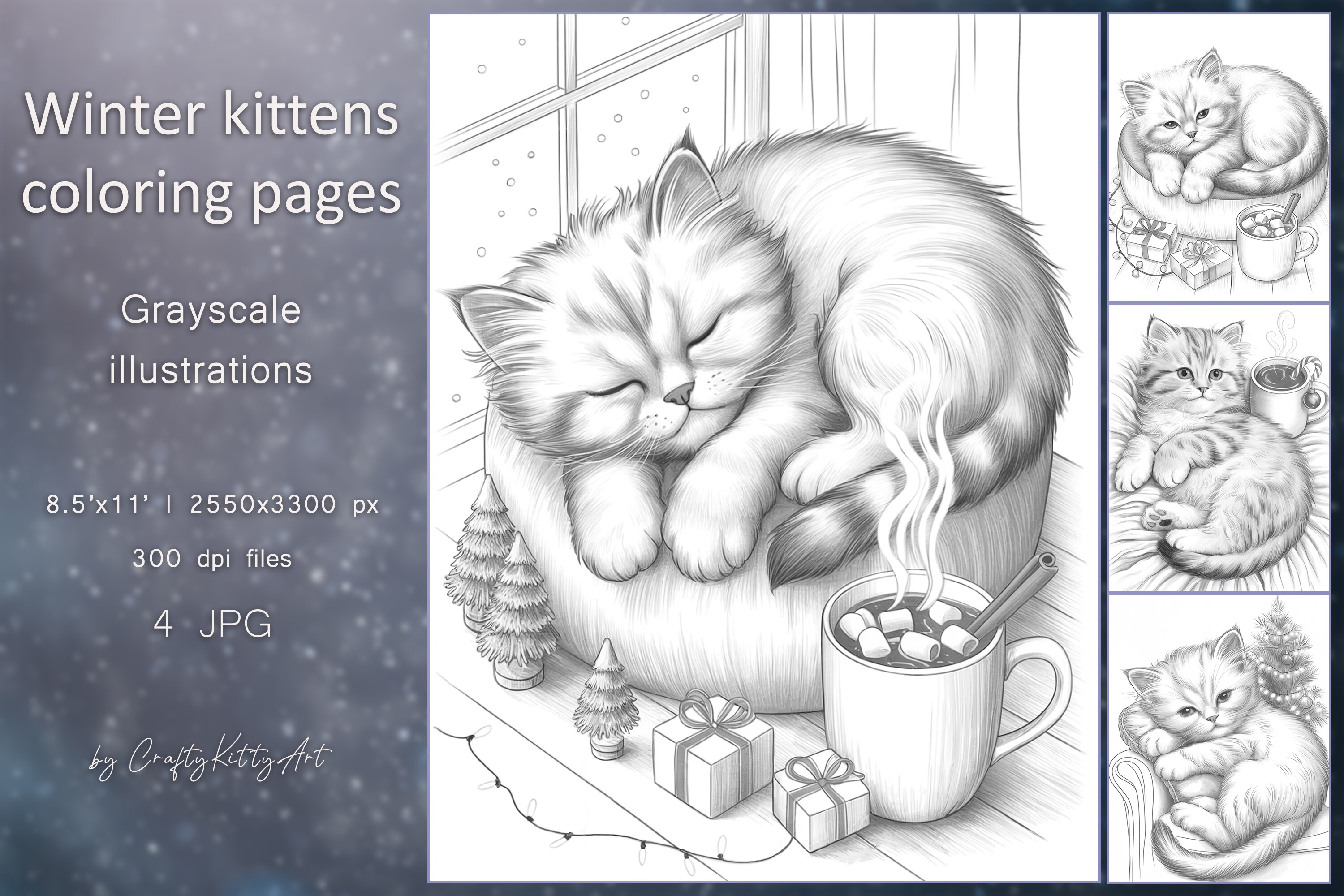 Cute Winter Cats Christmas Coloring Page