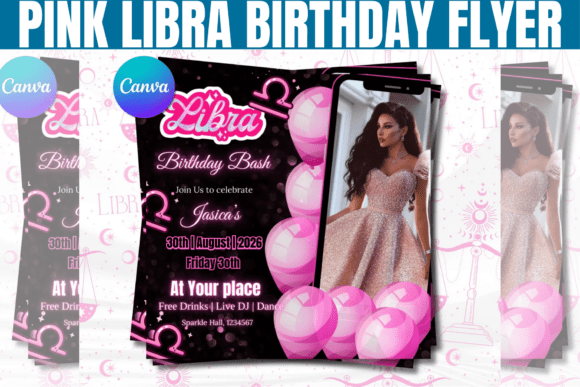 Pink Libra Birthday Flyer Template