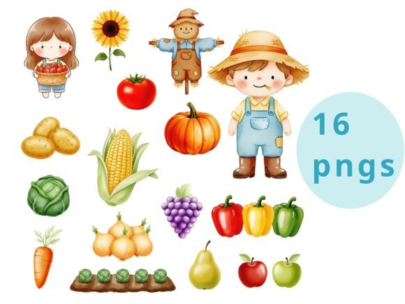 Cute Farm Clipart Set with Farmer