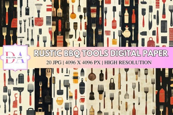Rustic BBQ Tools Digital Paper Gráfico Patrones IA Por DIGITAL ART