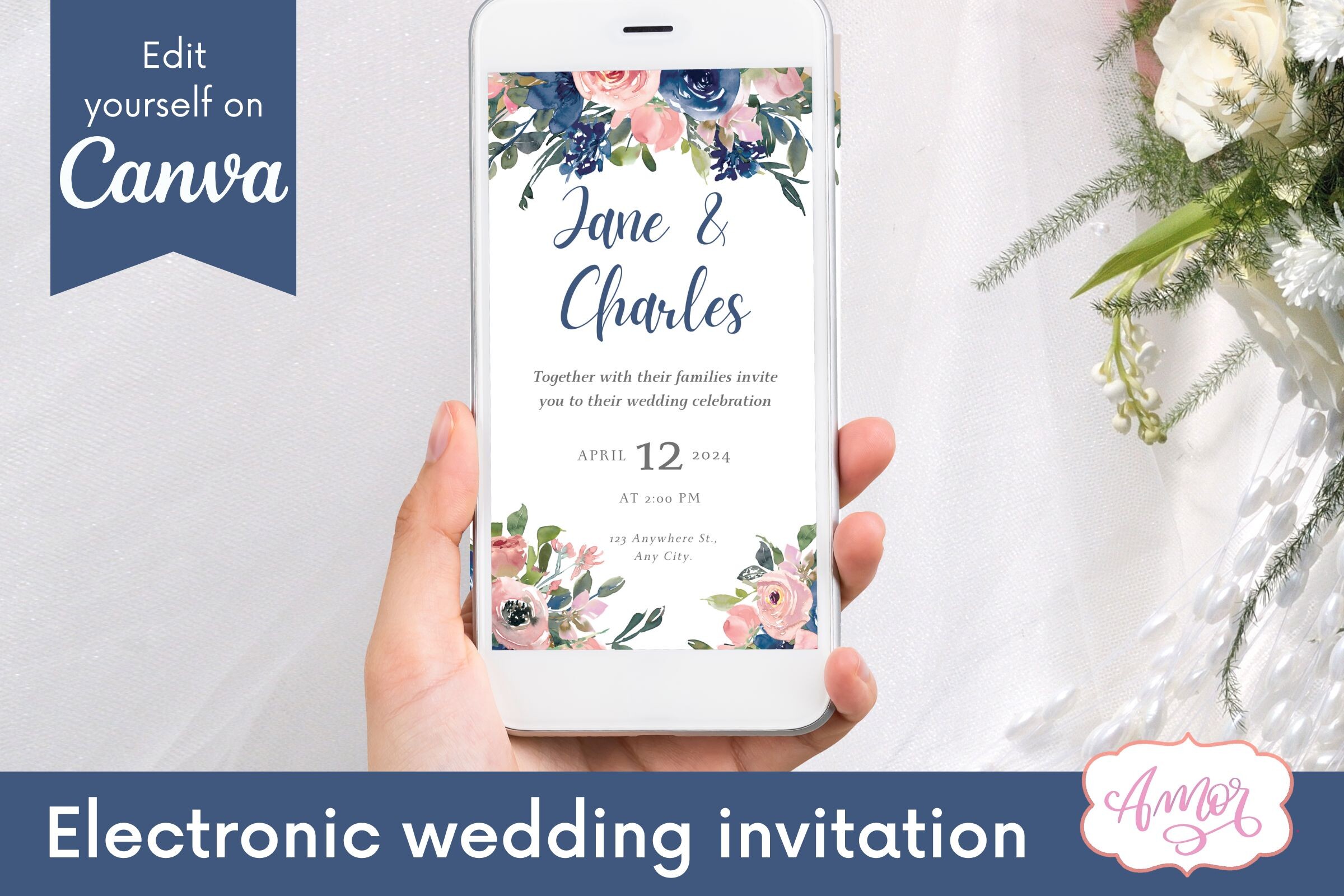Navy and Pink Mobile Wedding Invitation