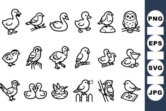 Cute Bird Outline Clipart Set