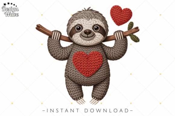 Cute Knitted Sloth with Heart PNG