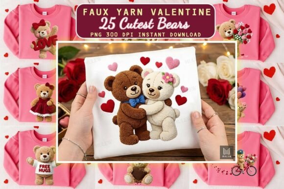 Preview of Cutest Faux Yarn Valentine's Bear PNG Bundle Valentine sublimation design