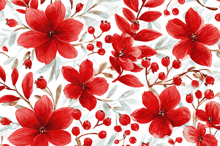 Red Winter Bloom and Berry Watercolor Se