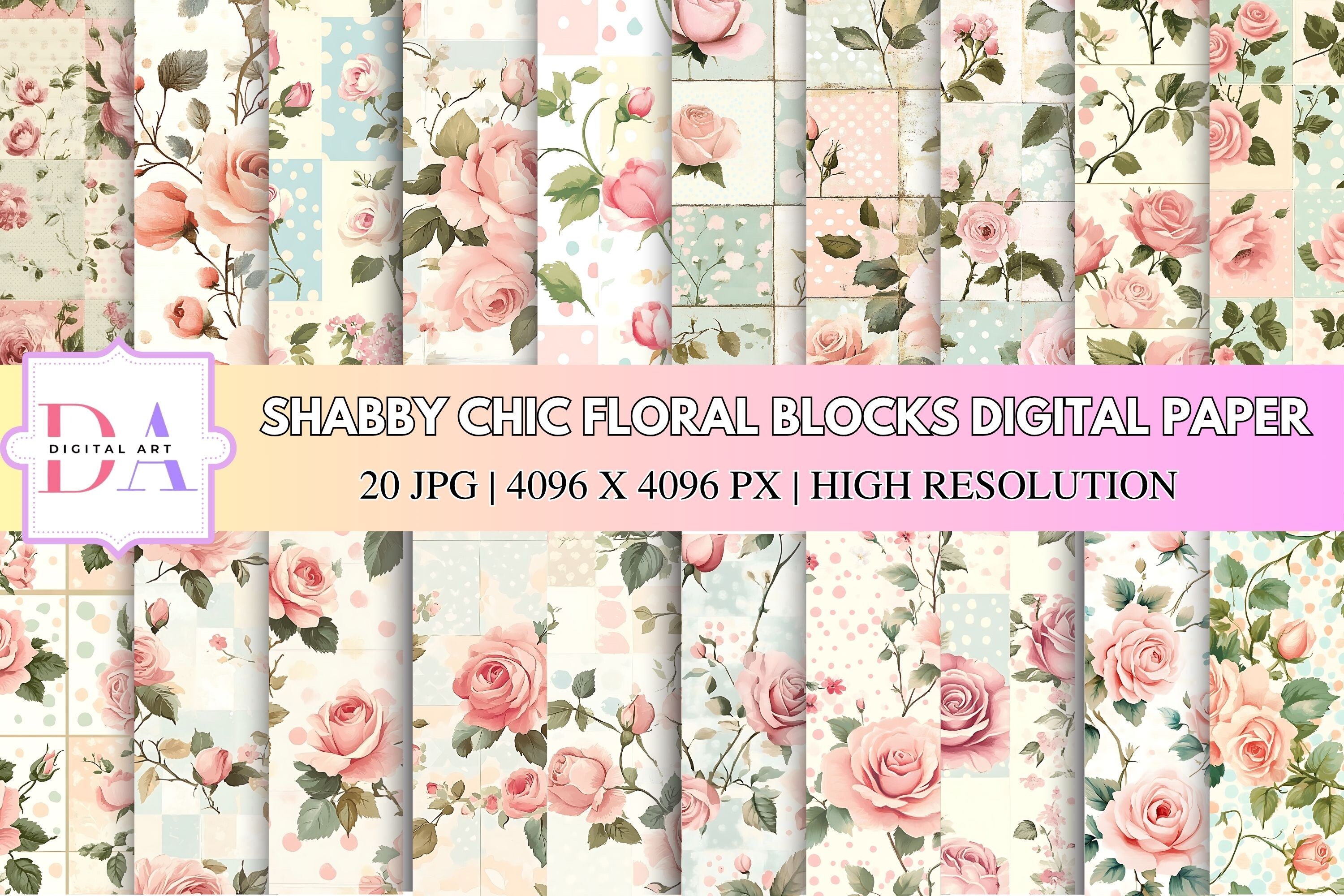 Shabby Chic Floral Blocks Digital Paper