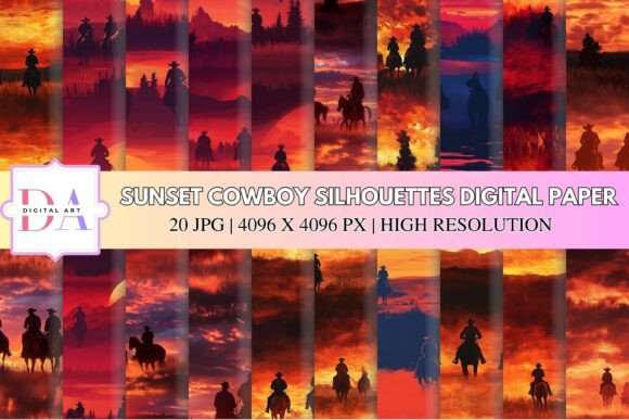 Sunset Cowboy Silhouettes Digital Paper Gráfico Patrones IA Por DIGITAL ART