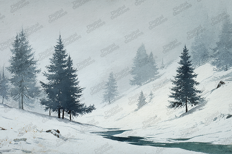 Watercolor Misty Winter Forest and Froze