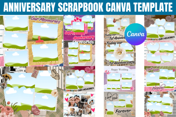 Anniversary scrapbook Canva template with photo collage layouts