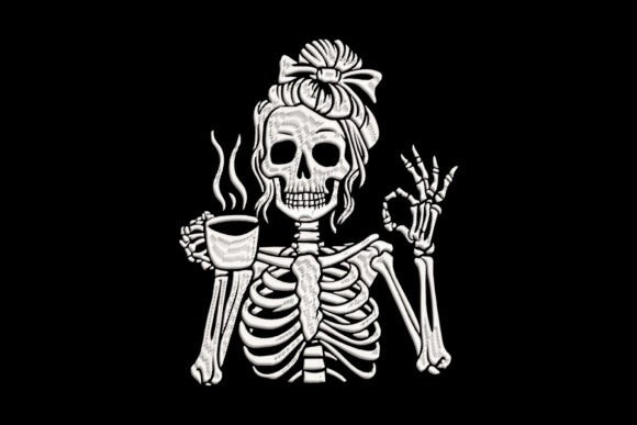 Messy Bun Skeleton Drinking Coffee