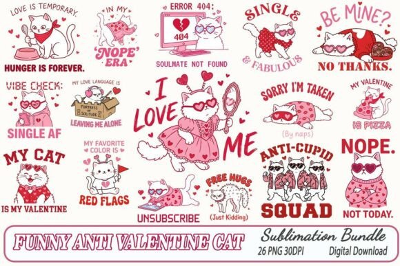 Preview of Funny Anti Valentine's Day Cat PNG Bundle Valentine sublimation design