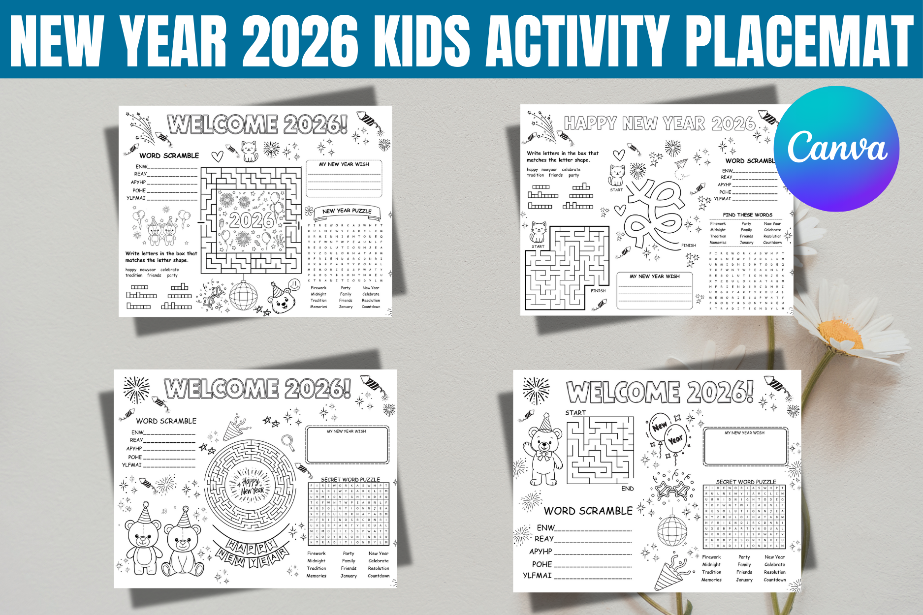 New Year 2026 Kids Activity Placemat