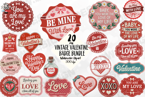 Preview of Vintage Valentine Badge PNG Bundle Valentine sublimation design
