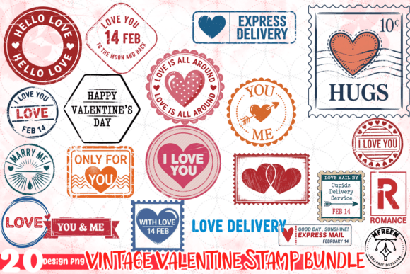 Preview of Vintage Valentine Stamp PNG Bundle Valentine sublimation design