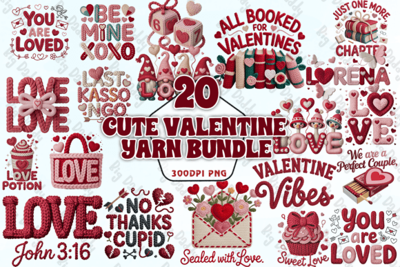 Preview of Cute Valentine Yarn PNG Bundle Valentine sublimation design