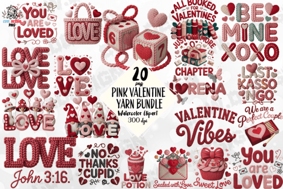 Preview of Pink Valentine Yarn PNG Bundle Valentine sublimation design