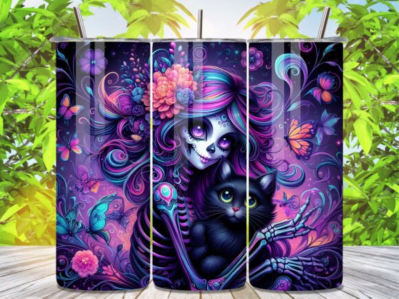 Purple Sugar Skull Girl Cat Lady tumbler wrap sublimation design