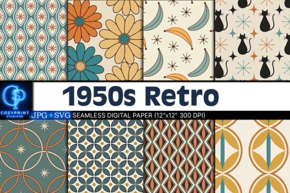 1950s Retro Patterns Digital Paper Graphic by CozyPrint Studio Co ...