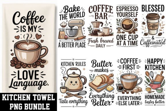 Kitchen Towel PNG Bundle | Farmhouse Cof