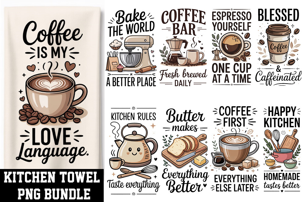 Kitchen Towel PNG Bundle | Farmhouse Cof