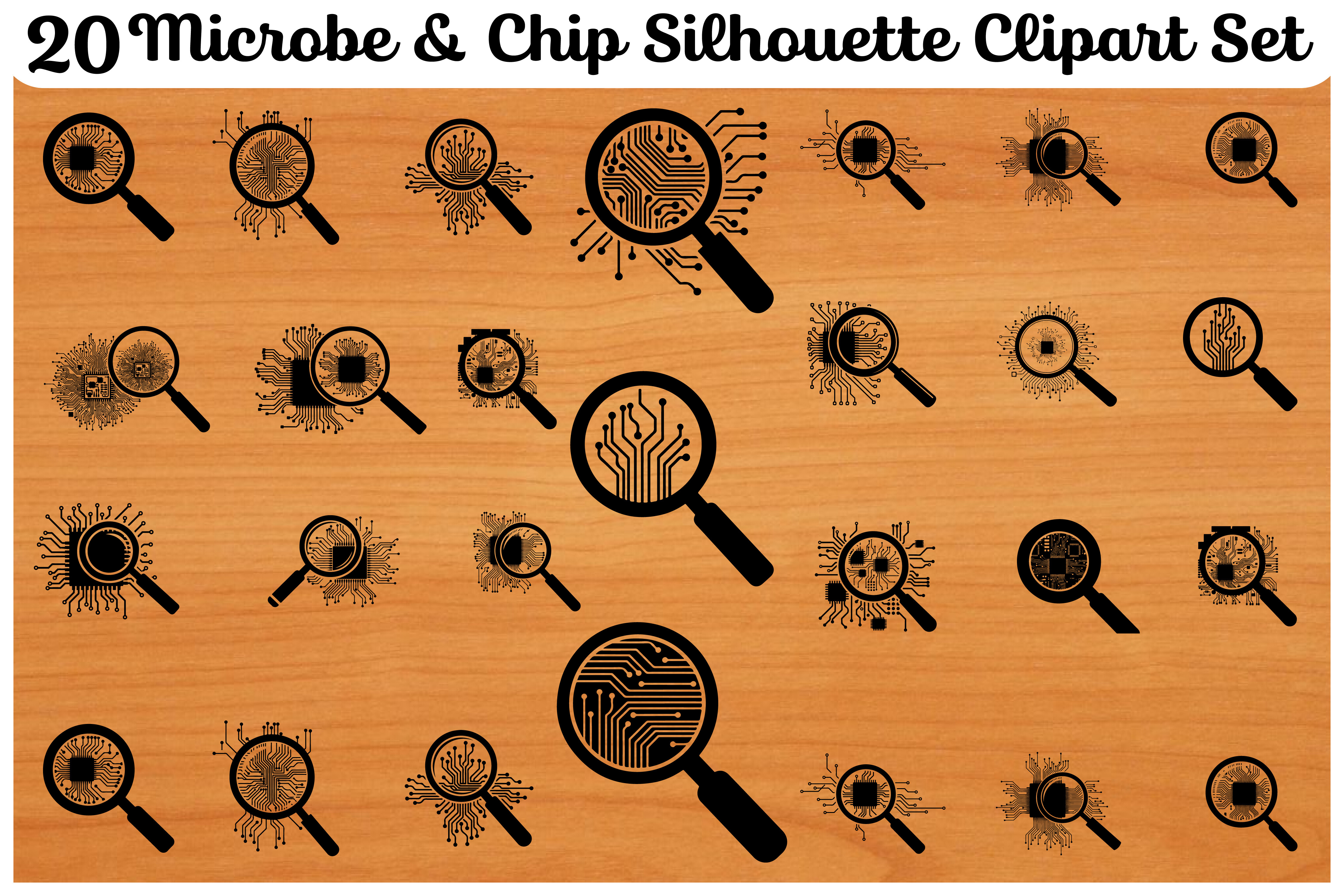 20 Microbe & Chip Silhouette Clipart Set