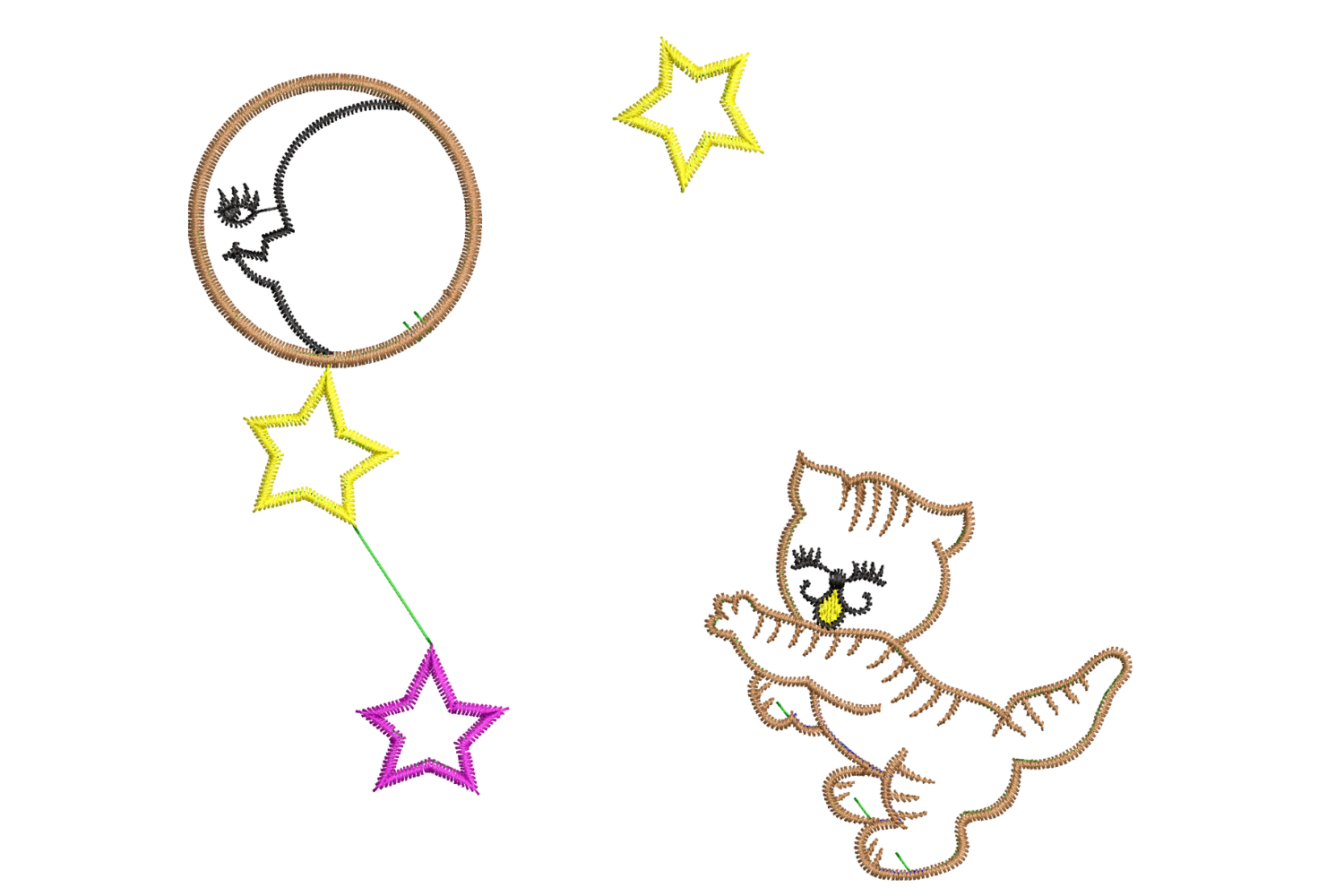 Moon, Stars and Cute Cat Embroidery