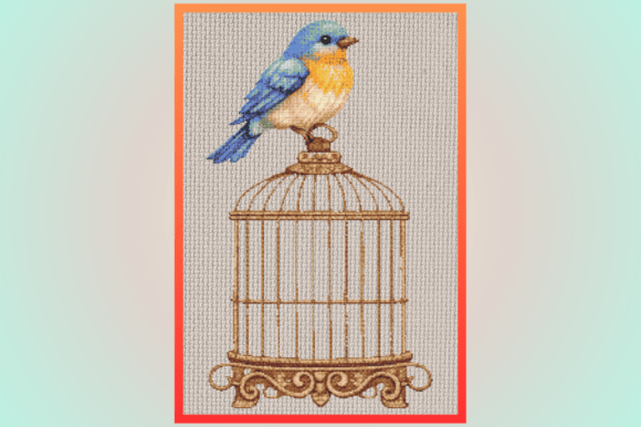 Vintage Bird on Cage Cross Stitch Patter