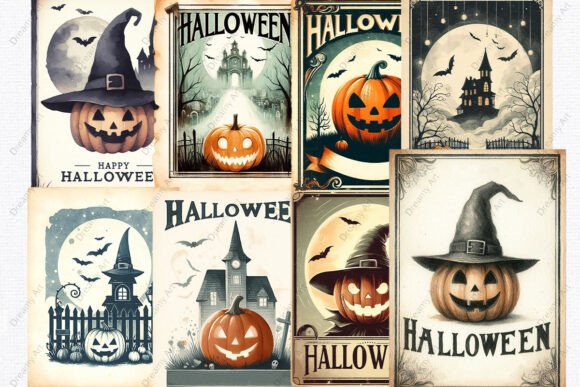 Vintage Halloween Postcards Sublimation Graphic Illustrations By Dreamy Art