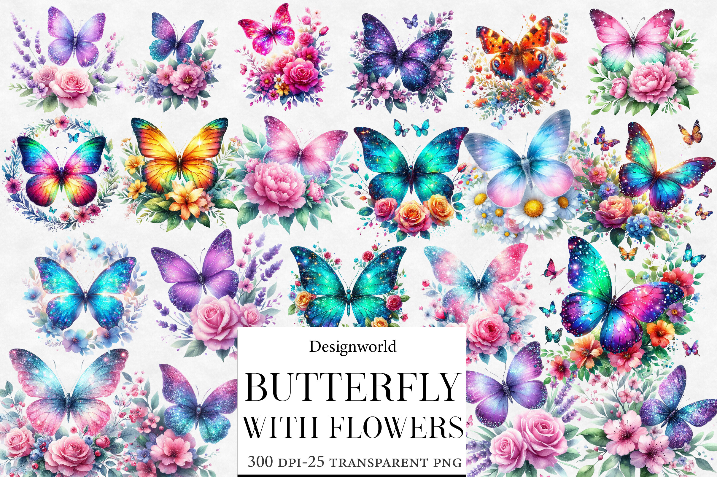 Butterfly with Flowers Clipart Bundle Graphic by Designworld · Creative ...