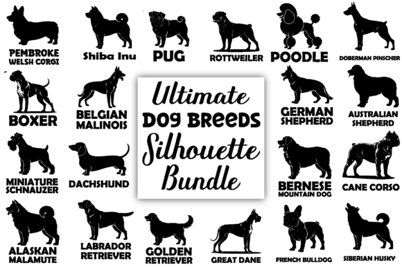 Ultimate dog breeds silhouette bundle with golden retriever face outline for craft fair inventory