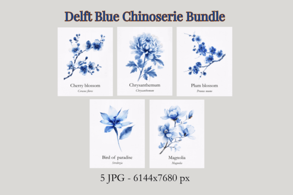 Delft Blue Chinoiserie Floral Set of 5