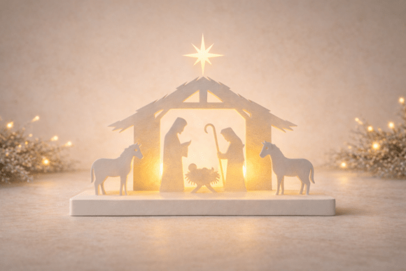 3D Christmas Lights Nativity Scene – Printable Holiday Centerpiece Decor - Image 1