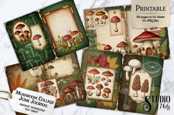 Mushroom Collage Junk Journal Pages Graphic AI Generated By Studio 7766