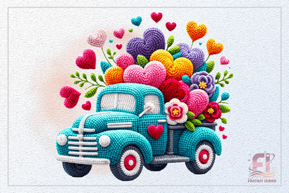 Crochet Truck with Hearts Clipart PNG