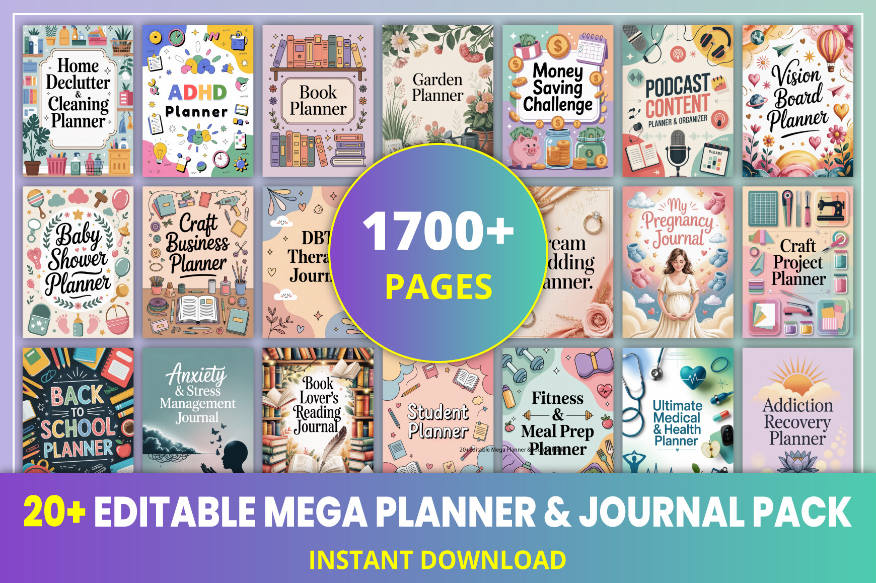 20+Editable Mega Planner & Journal Pack