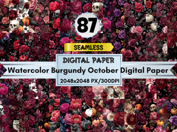 87 Burgundy October Digital Paper Graphic AI Patterns By Diana Hunter