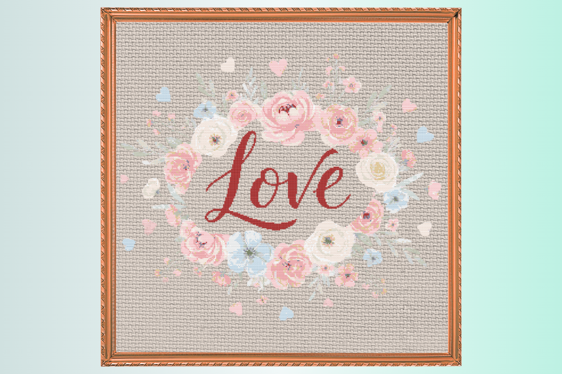Love Floral Wreath Cross Stitch Pattern