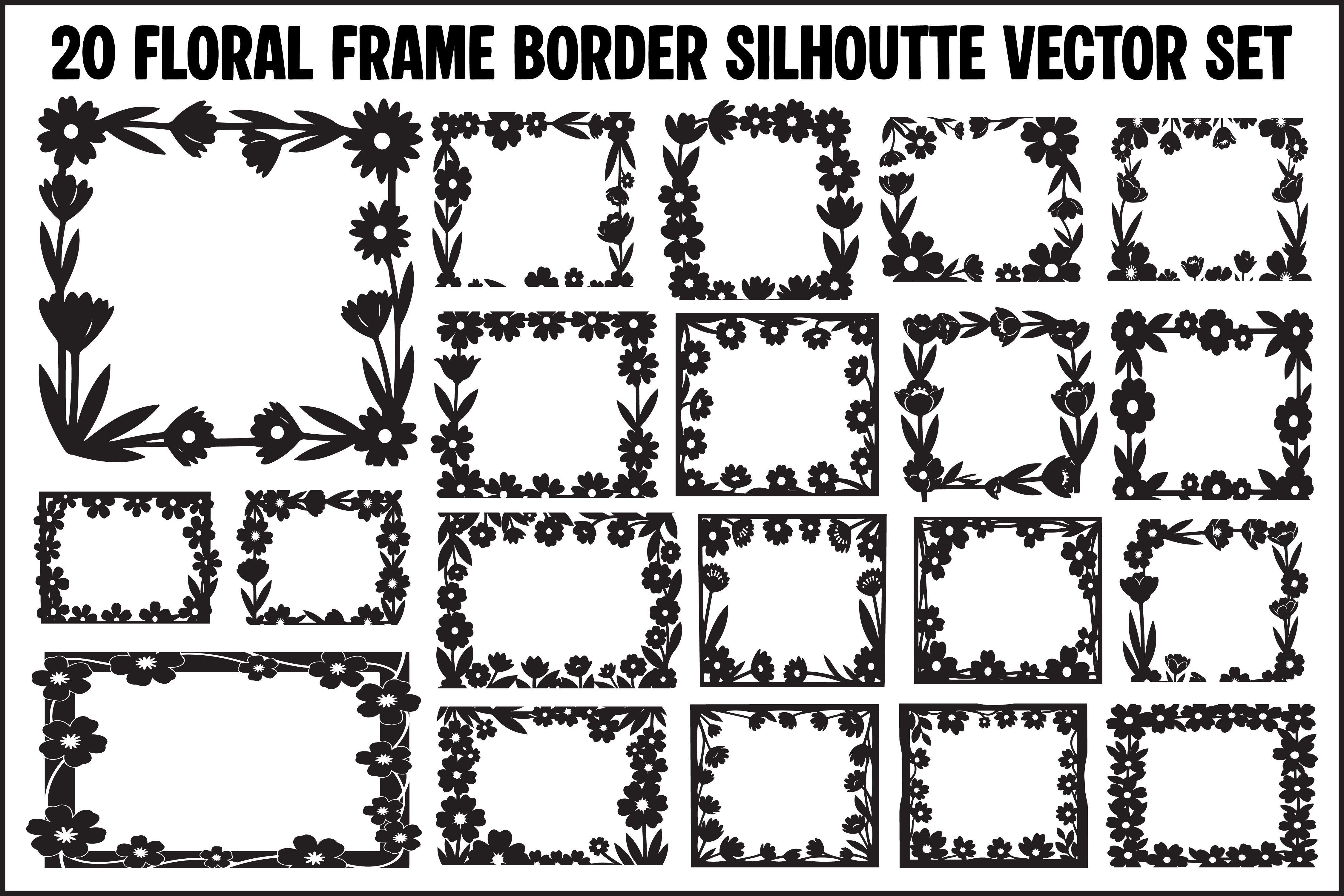 20 Floral Frame Border Silhouette Vector