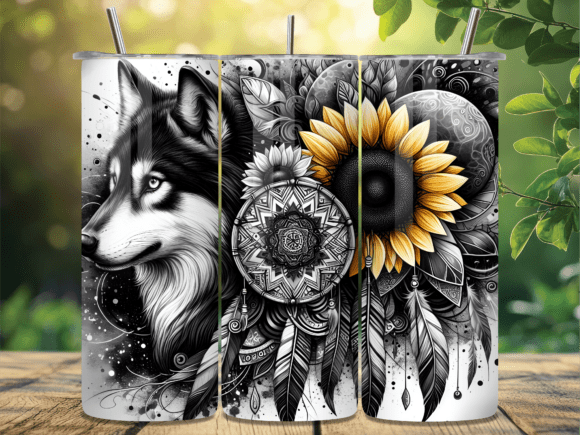 Boho Sunflower Wolf Tumbler Wrap Design