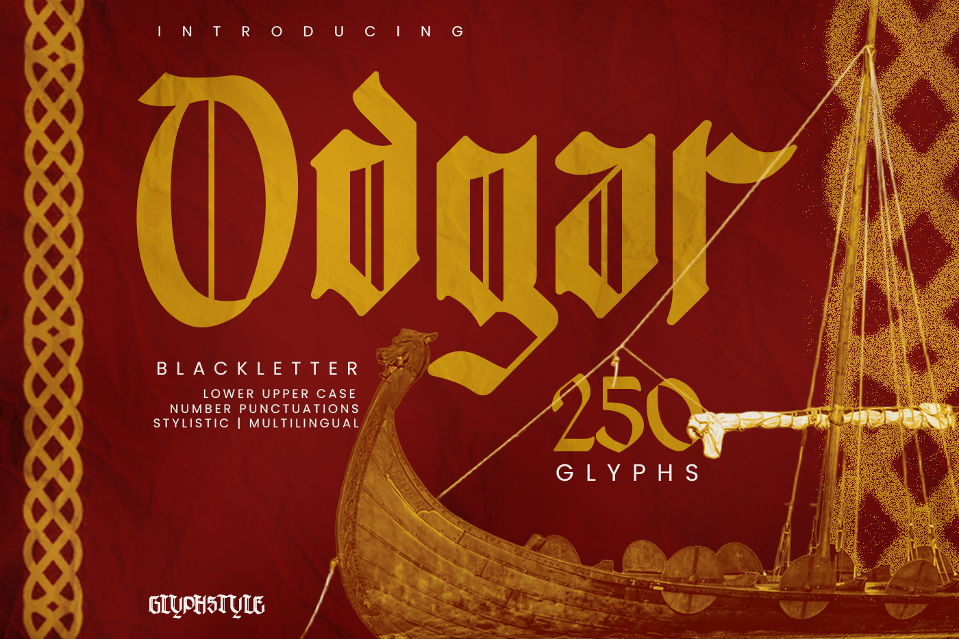 Odgar Blackletter preview: Viking themed blackletter with bold strokes and medieval proportions