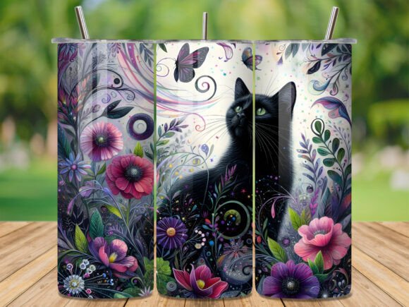 Black Cat Floral Butterfly Art Tumbler