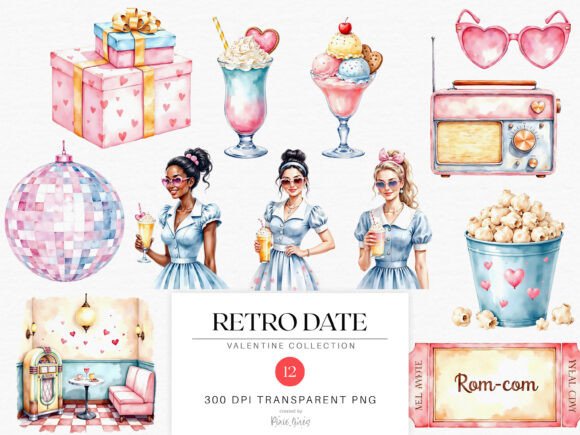 Retro Valentine Date, Romantic Cafe Graphic Illustrations By Pixie Lines